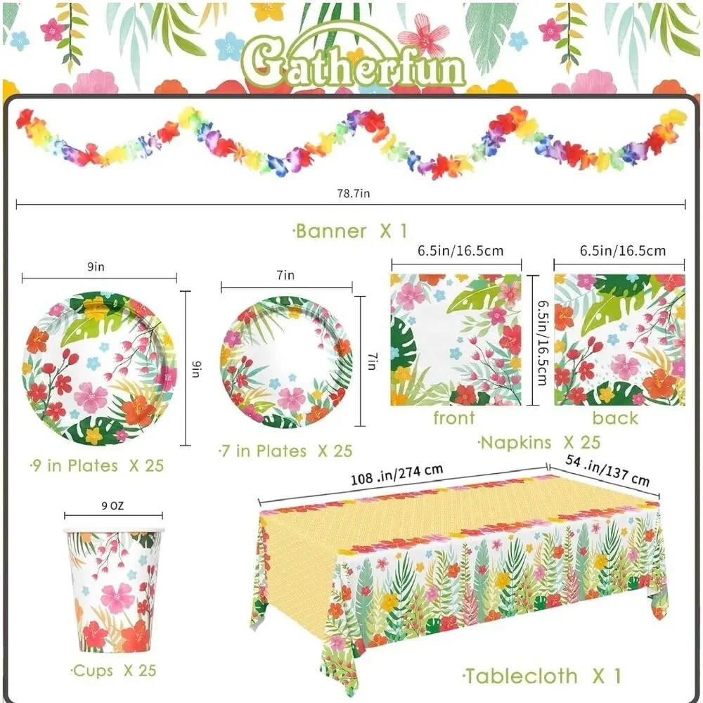 Tropical Luau Party Kit Paper Plates, Napkins, Cups, Tablecloth, and Banner s25